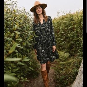 Pact Organic Cotton Crepe Tiered Dress Black Floral Size S/M